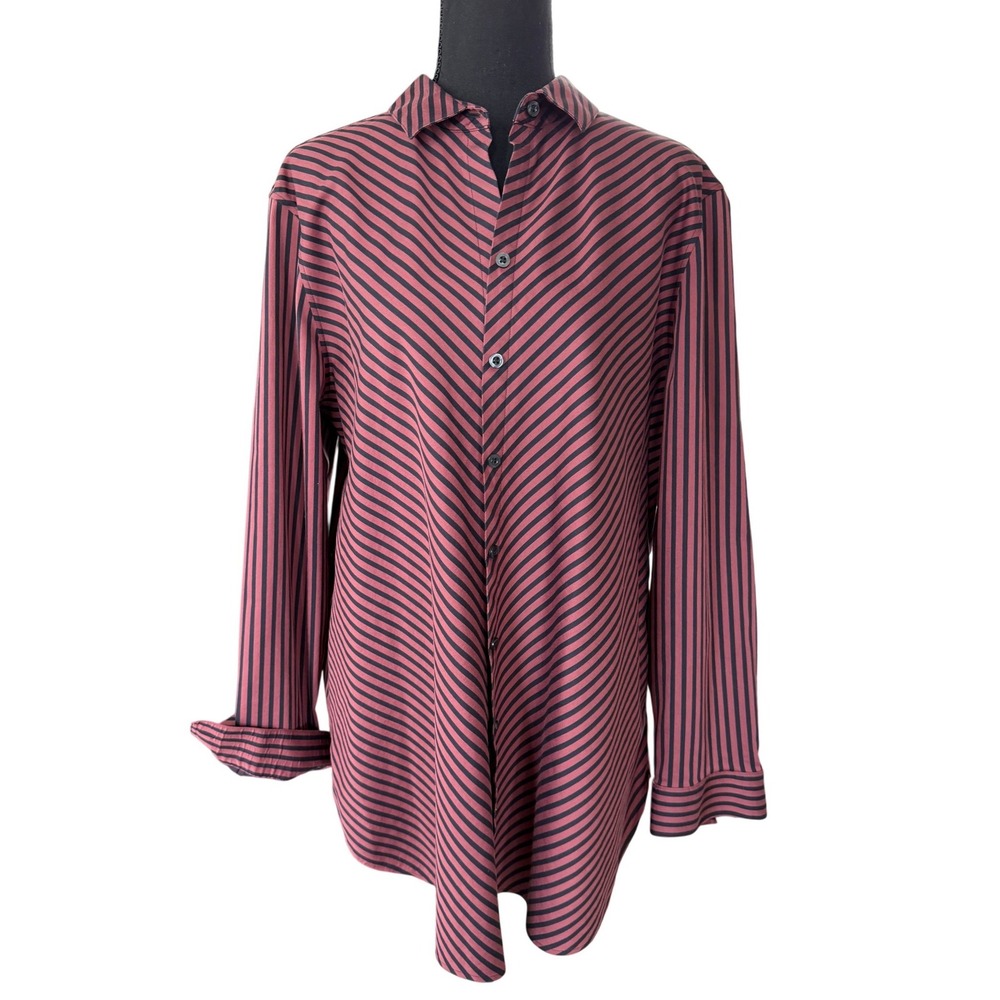 Chicos Striped Button Down Shirt Burgundy Black Long Sleeve Blouse Size 3 US 16